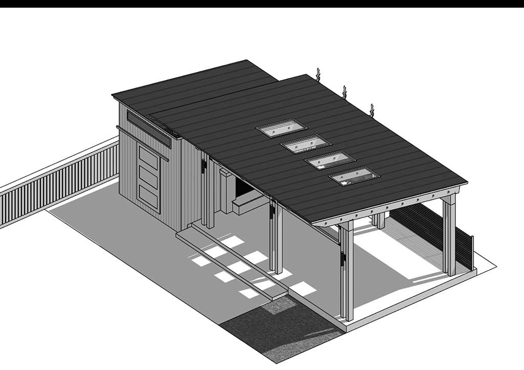 Aerial view black and white SketchUp rendering of pavilion shed.
