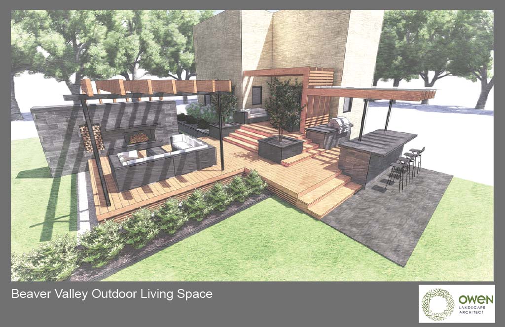 Multilevel deck with outdoor living amenities.