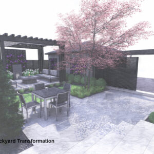 Small garden with pergola seating area and patio.