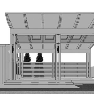 Front view black and white SketchUp rendering of pavilion shed.