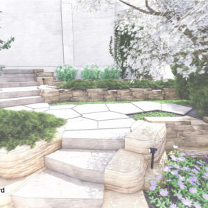 Stone steps and tiered rockery plantings lead to entrance.