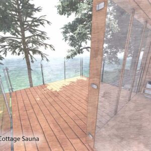 Glass window and deck rail allow views from sauna.