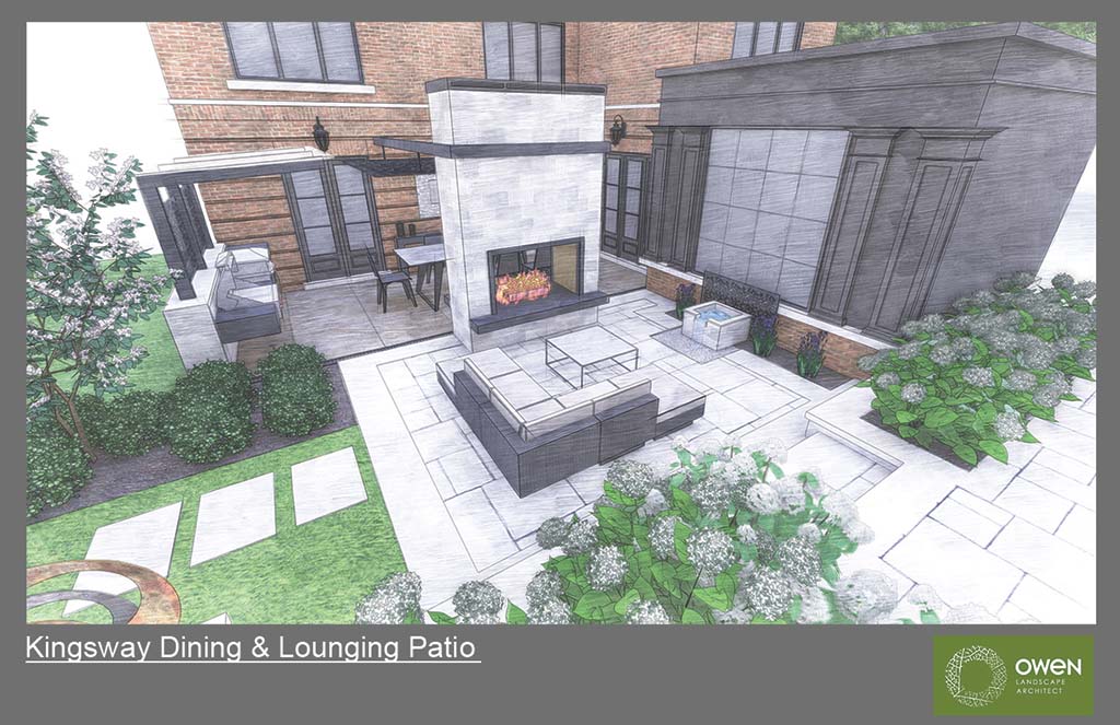 Courtyard space with tall freestanding 2-way fireplace dividing lounge patio from outdoor kitchen and dining area.